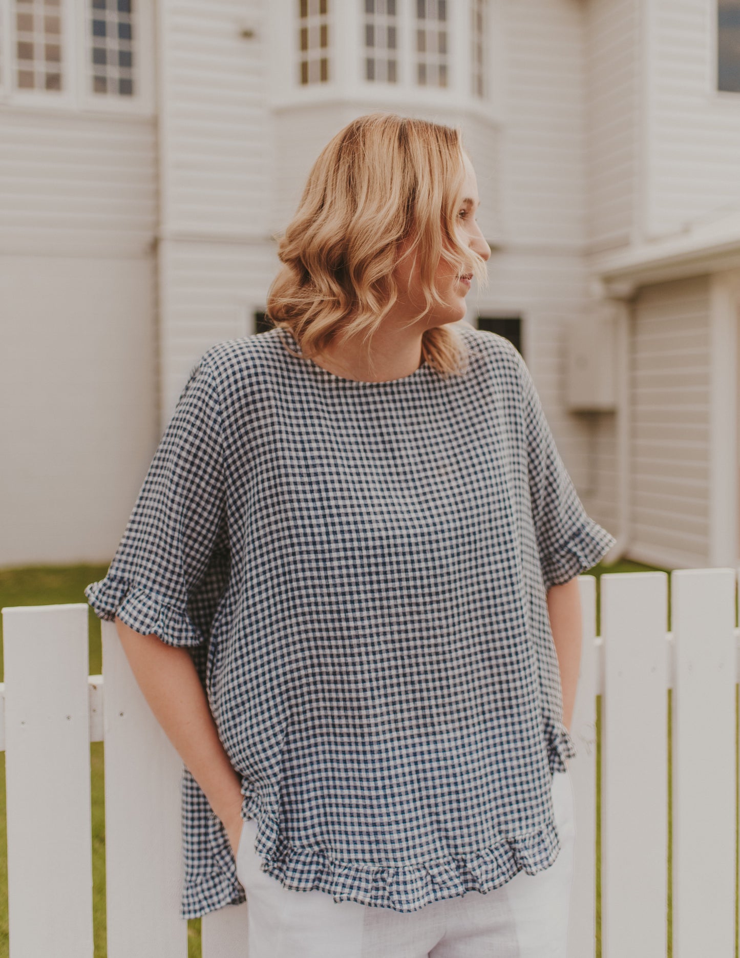 GINGHAM MIDDLE SLEEVE FRILL TOP - BLUE