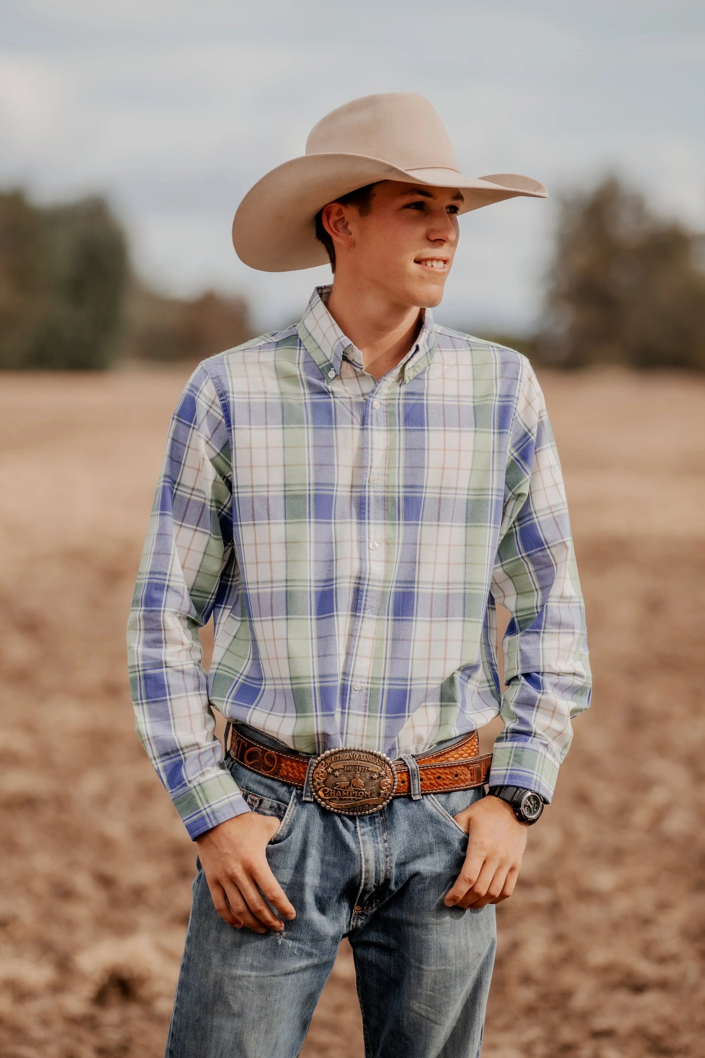 Men's Long Sleeve Shirt Blue/Green/White Plaid
