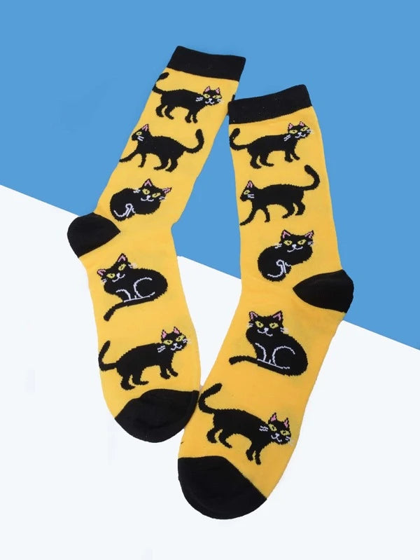 Black Cat Print Crew Socks