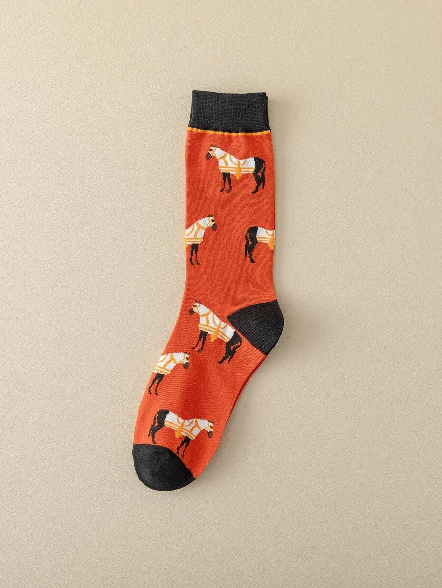 Burnt Orange Horse Pattern Crew Socks