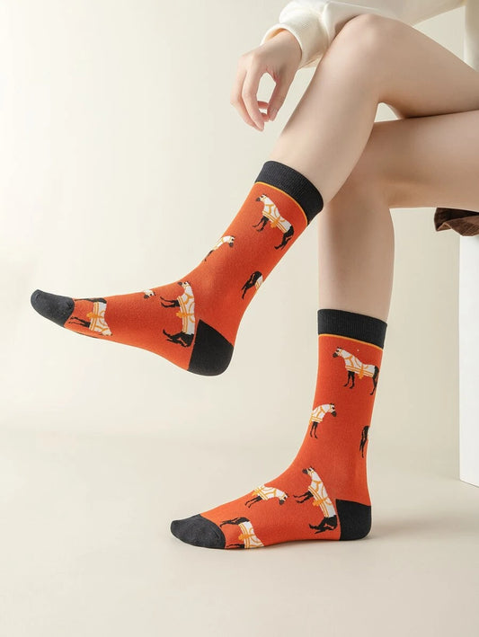Burnt Orange Horse Pattern Crew Socks