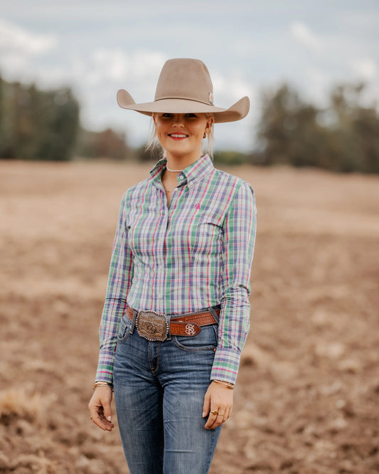 Ladies Slim Fit Long Sleeve Shirt Green Pink Plaid