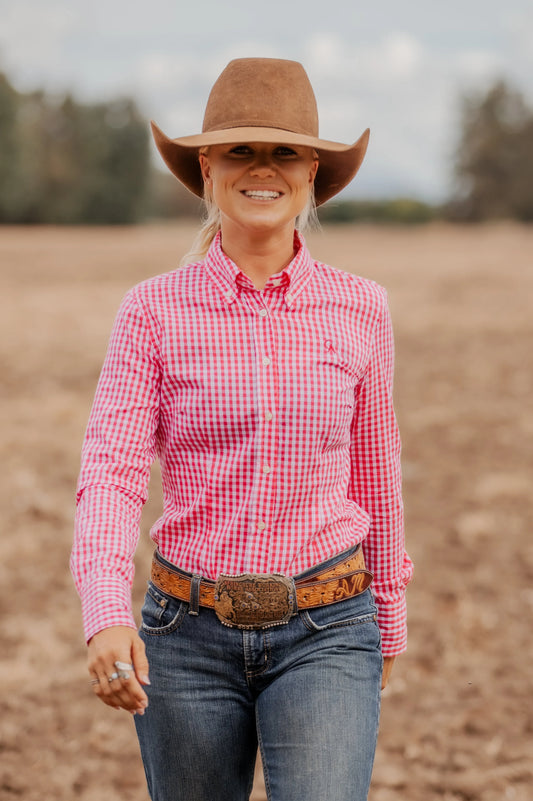 Ladies Slim Fit Long Sleeve Shirt Cherry Check