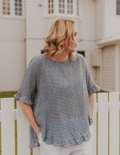 GINGHAM MIDDLE SLEEVE FRILL TOP - BLUE