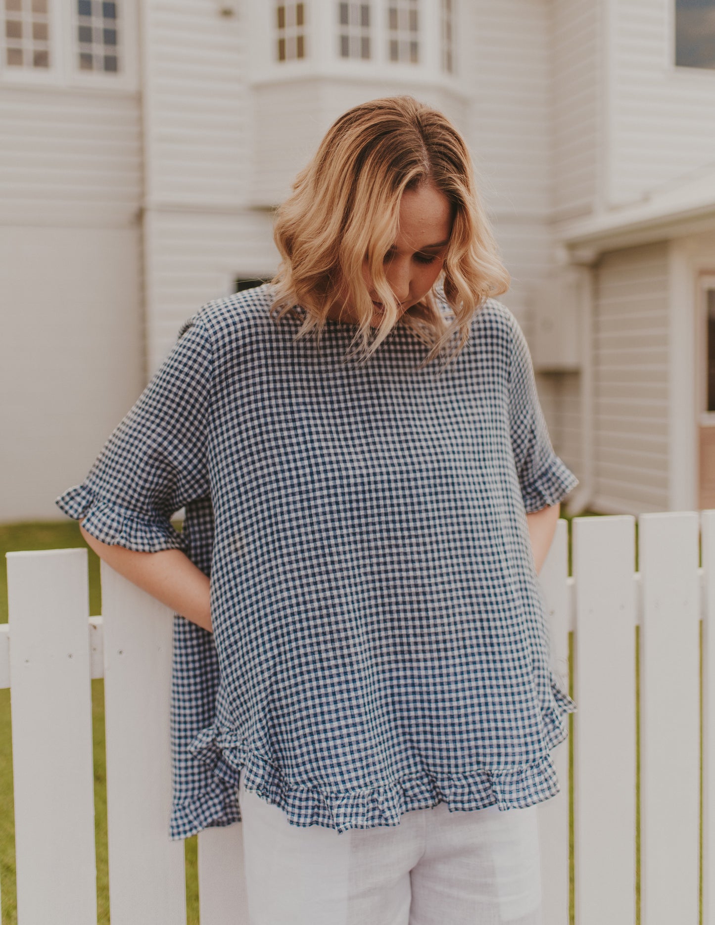 GINGHAM MIDDLE SLEEVE FRILL TOP - BLUE