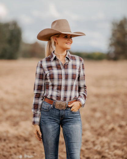 Ladies Slim Fit Long Sleeve Shirt Navy Tan Plaid
