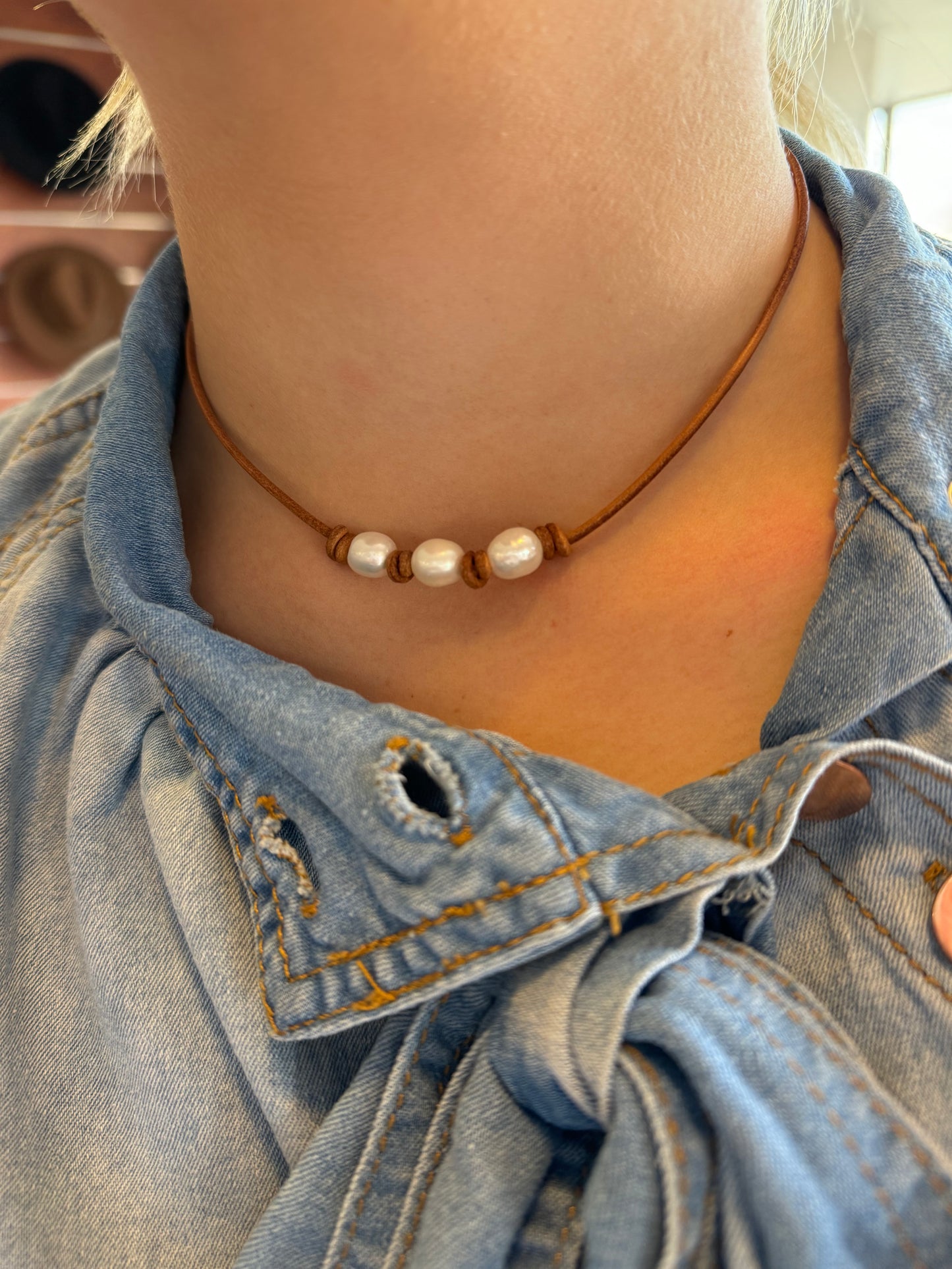 Leather Pearl choker