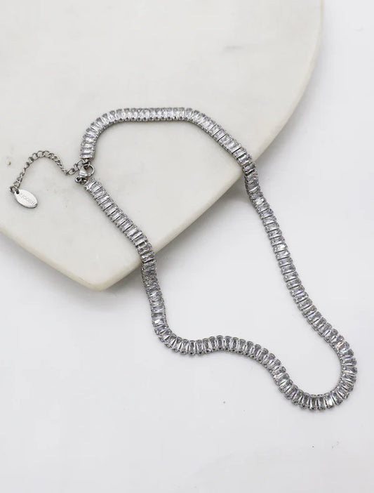 Baguette Crystal Necklace Silver