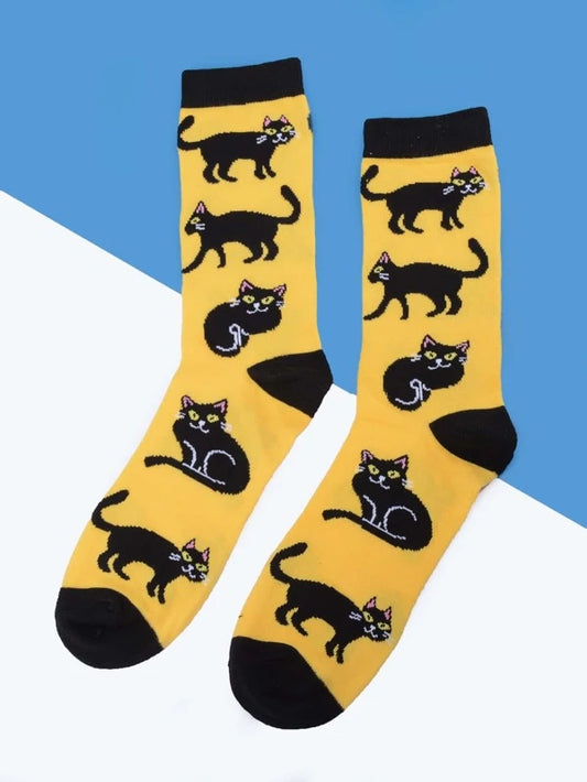 Black Cat Print Crew Socks