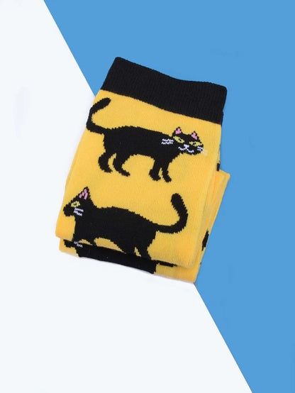 Black Cat Print Crew Socks